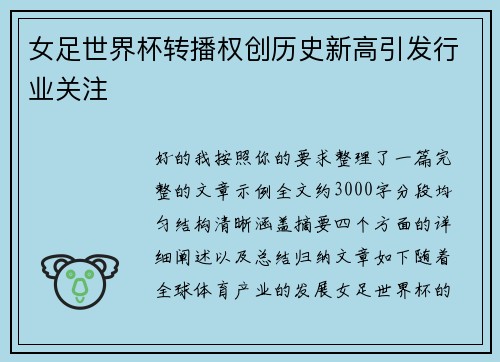 女足世界杯转播权创历史新高引发行业关注